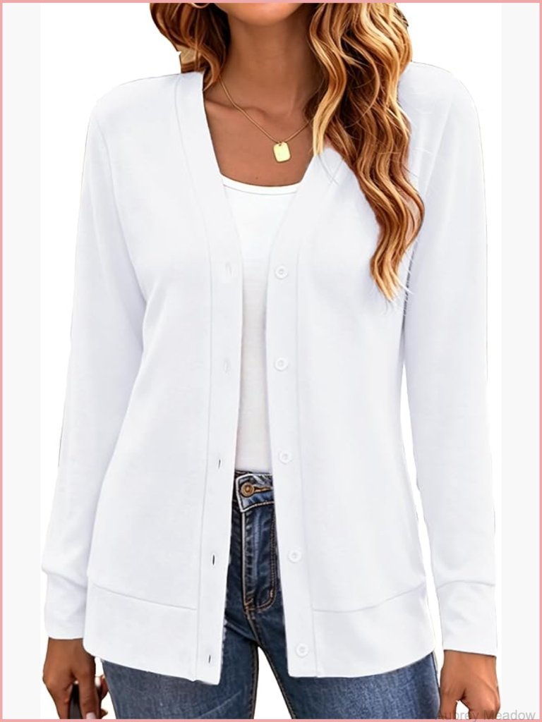 V Neck Long Sleeve Button Down Cardigan Open Front Lightweight Knit